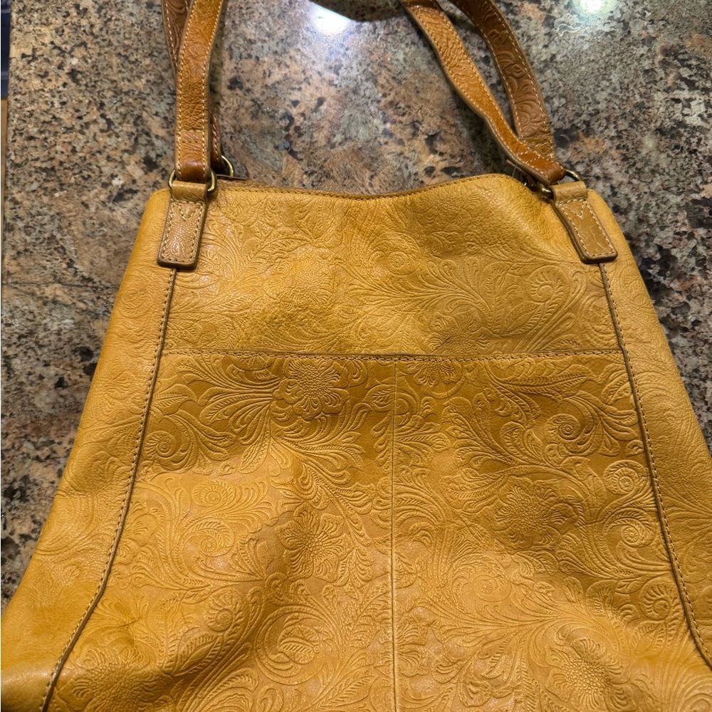 Steven By Steve Madden Tooled Floral Mustard Colored Leather Shoulder Bag